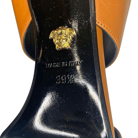 Versace Virtus Brown Leather Mules Heels Gold V Logo EU 39.5 Made in Italy - Picture 11 of 12